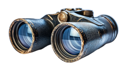 Detailed image of old, weathered, black binoculars isolated against a black background