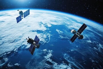 Obraz premium Three satellites orbit the planet earth in space providing coverage