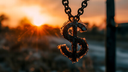 Obraz premium A sunlit dollar symbol hangs from a chain against a golden sunset backdrop. The symbol shows a weathered, brittle texture.