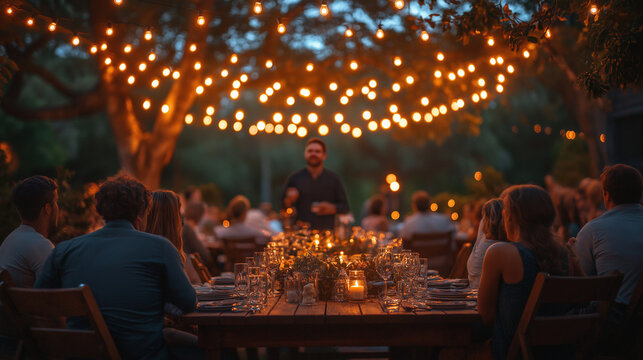 Warm lights illuminate a beautifully set long table surrounded by guests enjoying an outdoor dinner. A speaker engages the audience amidst a cozy atmosphere on a pleasant evening