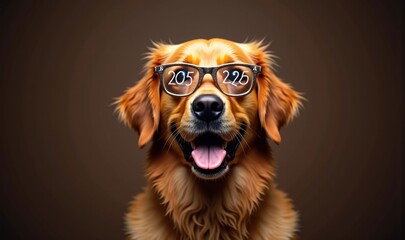 A cheerful golden retriever wearing glasses, exuding charm and personality. Perfect for pet-related marketing, veterinary services, or fun social media content.