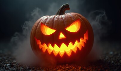 Fototapeta premium A spooky jack-o-lantern glowing menacingly in the dark, perfect for Halloween-themed projects, promotions, or content.