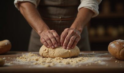 Hands kneading dough on a wooden surface, capturing the art of baking and the warmth of homemade bread-making in a cozy kitchen setting.