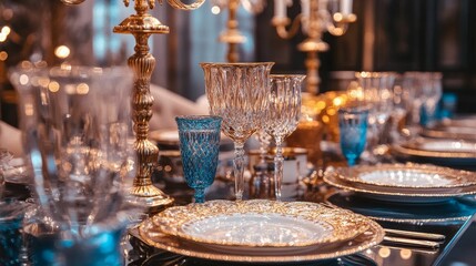 Fototapeta premium Luxurious dining table setting with crystal glasses.
