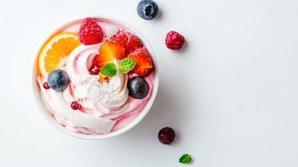 A colorful bowl of fruit topped with whipped cream, berries, and fresh mint leaves.