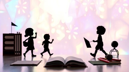 Silhouette of Children Embarking on Educational Adventure
