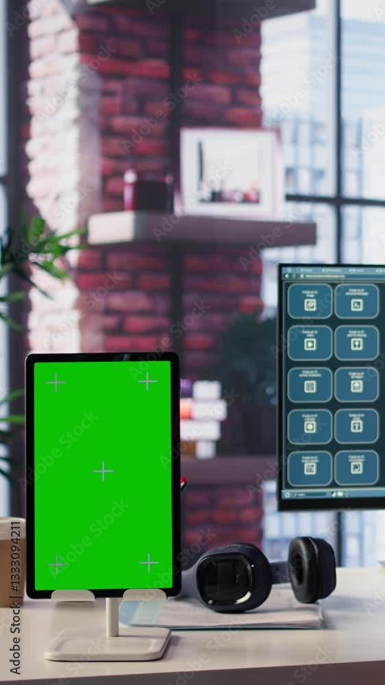Fototapete vertical video freelancer interacting with smart ai virtual assistant next to mockup screen, using i