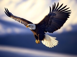 Obraz premium Bald Eagle Flying with Wings Spread Against a Cloudy Sky Background