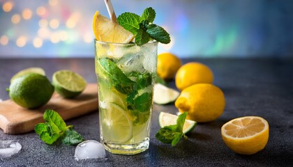 Fototapeta premium mojito summer refreshing cocktail with ice and mint mojito cocktail with lime lemon and mint in a tall glass with a stick