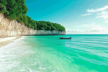 Obraz premium A scenic view of a tropical beach with a boat on the turquoise water and a cliff with trees
