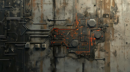 Aged cement wall with hidden electronic circuits pulsing subtly. Hidden Connections. Illustration