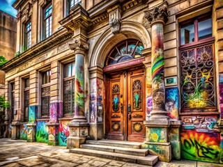 Obraz premium Vibrant Graffiti Art on Classical Building Entrance - Striking Contrast Stock Photo
