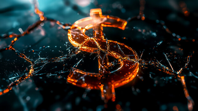 Fragile Finance: A cracked, glass dollar symbol under intense light, representing economic instability and financial vulnerability.
