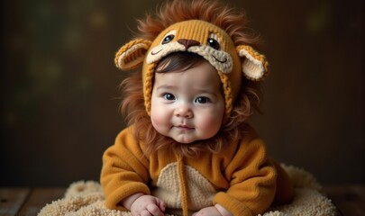 Fototapeta premium Adorable baby in a lion costume, exuding cuteness and charm. Perfect for family themes, baby products, or childrens events.