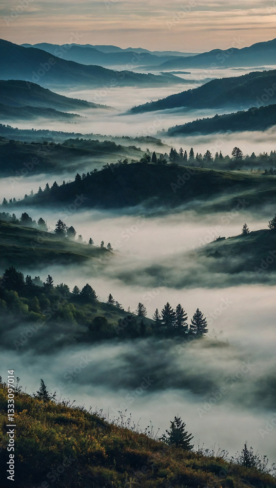 Poster fog rolling into a valley, creating a mystical atmosphere
