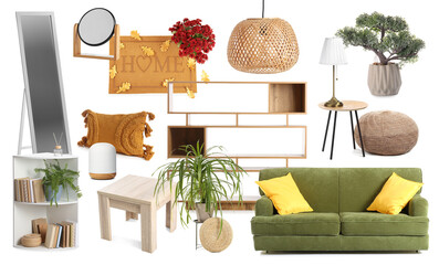 Collection of new furniture and decor for room interior isolated on white © Pixel-Shot