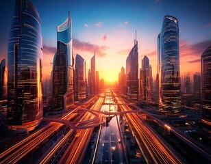 A futuristic smart city with skyscrapers made of glass and steel, hyper-realistic lighting at sunset - Generated image