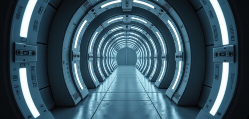 Fototapeta premium Futuristic corridor illuminated with soft blue light, ideal for science fiction themes or tech-related projects, evoking a sense of mystery and innovation.