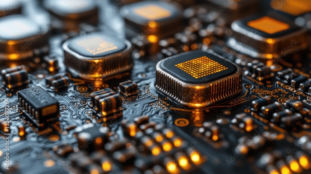 Poster close-up of a circuit board with illuminated components