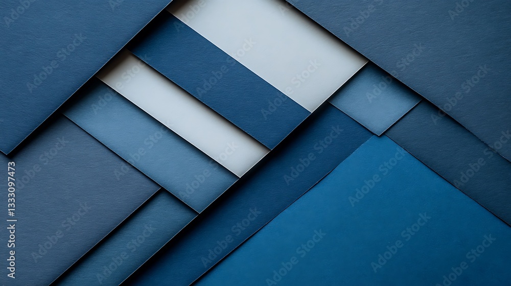 Poster overlapping papers creating an abstract composition of varying blues