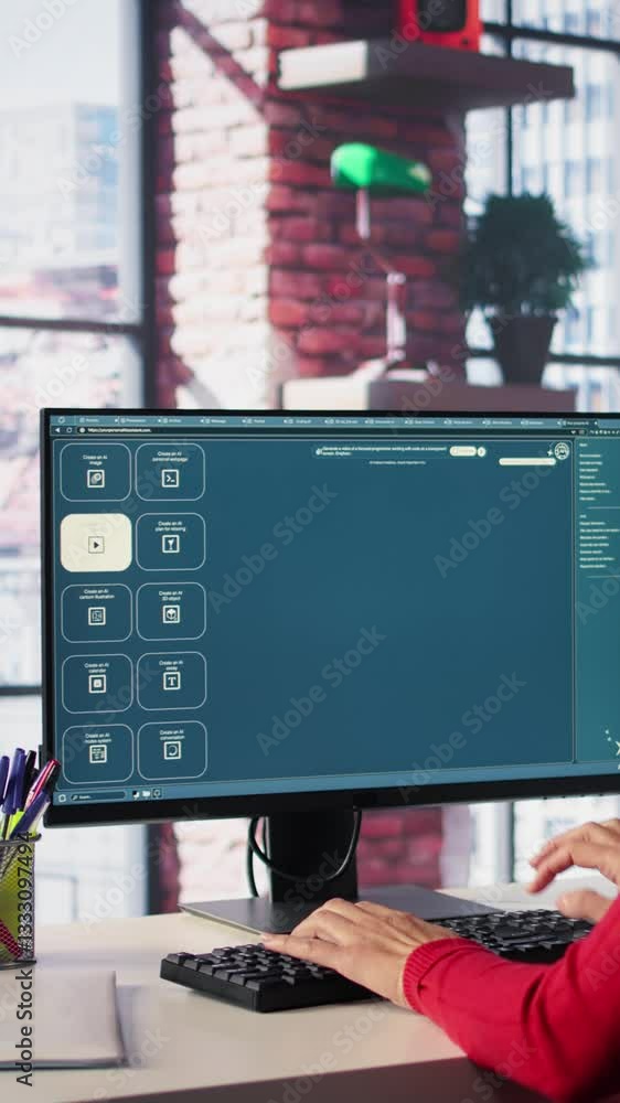 Fototapete vertical video mature developer coding cloud computing with ai chatbot on pc, working from her home 