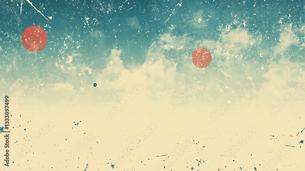 Poster two circular objects floating in a textured sky filled with clouds