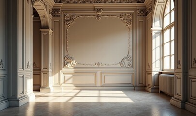 Elegant, sunlit interior of a classic room with ornate architectural details and a large empty wall, perfect for showcasing artwork or presentations.