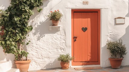 Naklejka premium Sunlit Orange Door with Heart Detail on Whitewashed Building