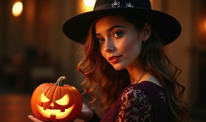 A glamorous woman in a witch hat holds a carved pumpkin, creating an enchanting Halloween atmosphere, perfect for holiday promotions or themed events.