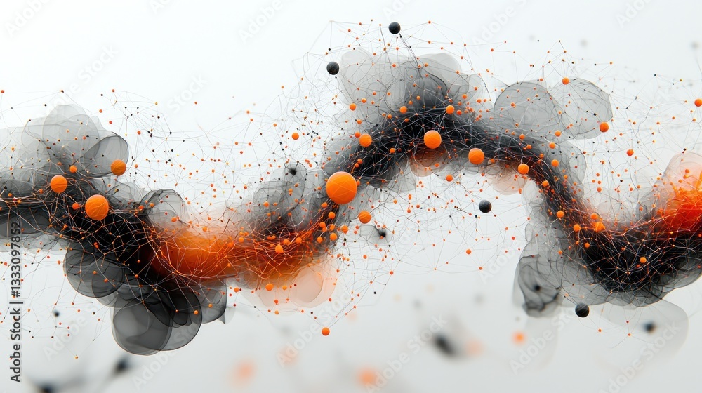 Aufkleber abstract network flow: interconnected orange and black spheres in a dynamic digital stream