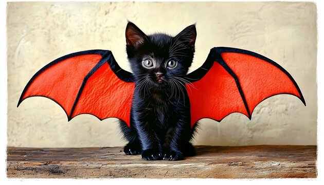 Cute Black Kitten Bat Wings Halloween Costume.