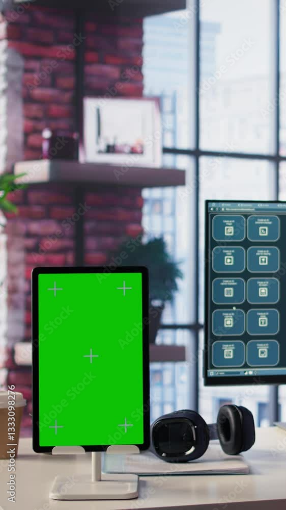 Aufkleber vertical video independent person using computer with green screen for remote job tasks at home setu