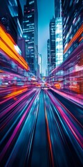 Fototapeta premium Vibrant city lights streak through night traffic.