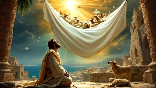  Avis&atilde;o de Pedro o apostolo Cena cinematogr&aacute;fica representando uma vis&atilde;o celestial em um contexto hist&oacute;rico e cultural. 