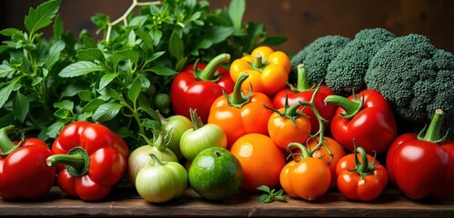 Fresh, vibrant vegetables including peppers, tomatoes, and broccoli, perfect for promoting healthy eating, cooking, or farm-to-table businesses.