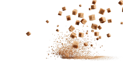 Flying brown sugar cubes isolated on white background