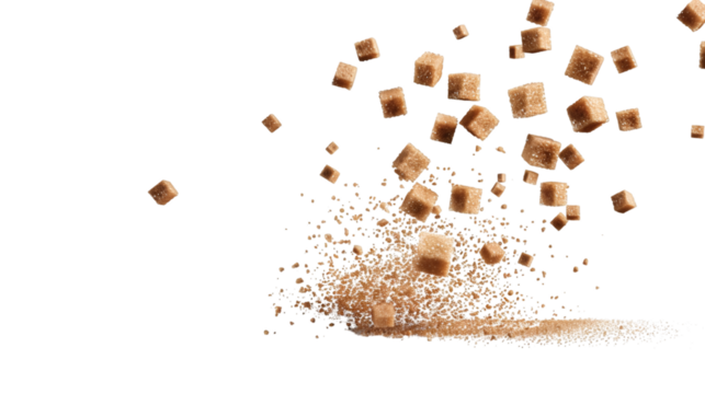 Flying brown sugar cubes isolated on white background