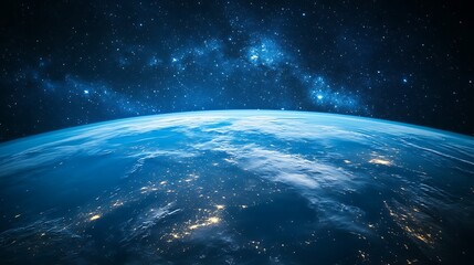 Obraz premium Curved horizon of Earth from space with breathtaking view of atmosphere and galaxy. Cosmic perspective of our planet. Big Bang Day