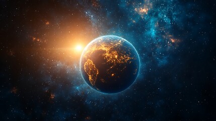 Obraz premium Glowing planet Earth in space with illuminated continents with cosmic dust and stars around. Stunning astronomical view symbolizing vastness of universe. Big Bang Day concept