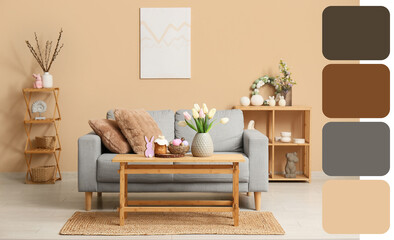 Interior of living room decorated for Easter with sofa, table and shelf units