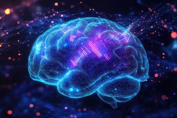Obraz premium Futuristic brain, technology overlay, digital network, abstract background, scientific illustration