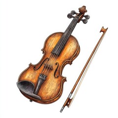 Vintage violin and bow isolated on white background.