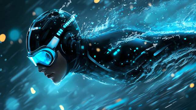 Futuristic swimmer with high tech cap and goggles glides through shimmering water, showcasing advanced technology in sports. Shimmering Caps. Illustration