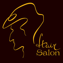 Male Face Silhouette with Text Hair Salon. Vector, Yellow line