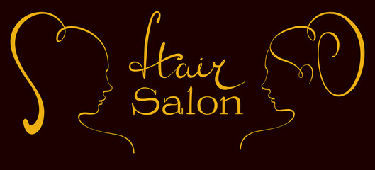 Silhouettes of Women’s Faces with Text Hair Salon. Vector, Yellow line
