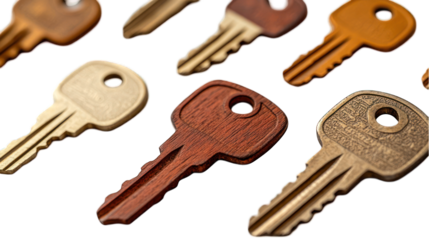 Keys Assorted metal and wooden keys arranged at an angle on a dark background