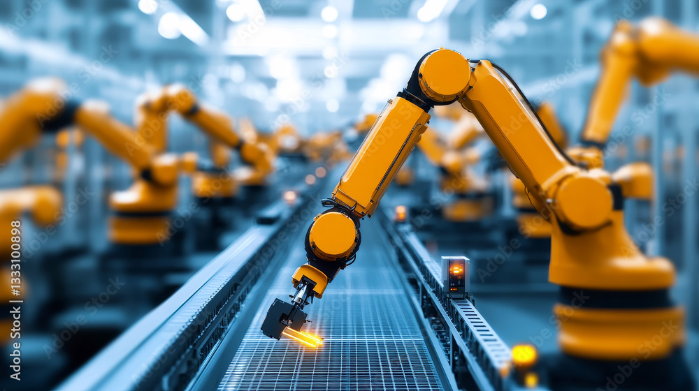 Poster isometric robotic arm. industrial factory machines, manufacturing automatisation and production line