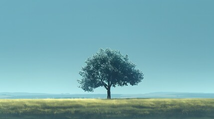 one shady tree in the middle of the grass with a background of a clear cloudless sky, a background with a natural concept