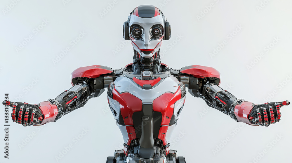 Poster red and grey robot standing with arms outstretched, showcasing its humanoid design and advanced tech