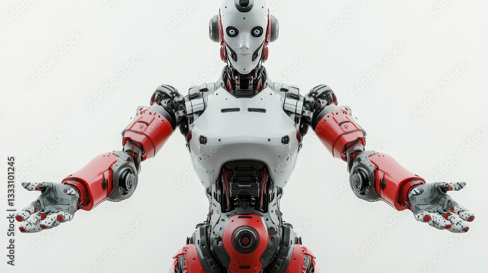 Poster red and grey robot standing with arms outstretched, showcasing its humanoid design and advanced tech